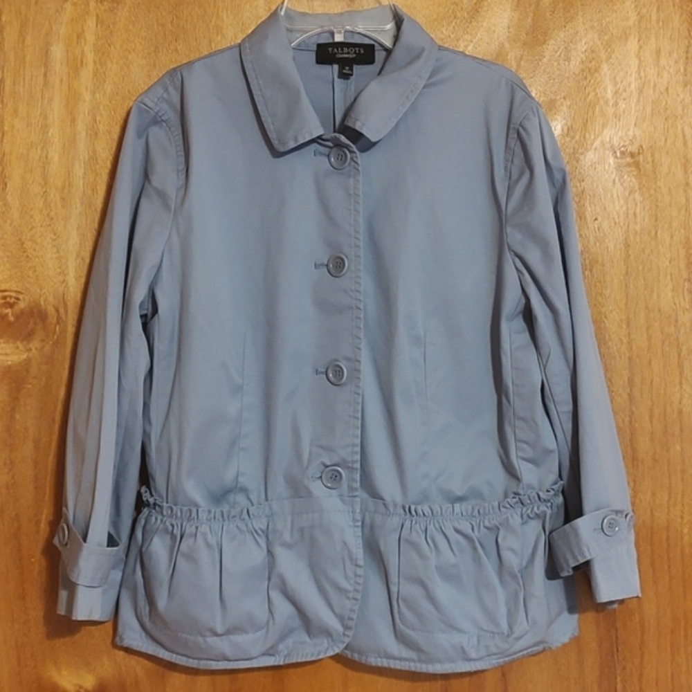 Talbots Peplum Jacket Pastel Blue Buttoned Stretch Ruffle 10 *Flaw, Please Read*